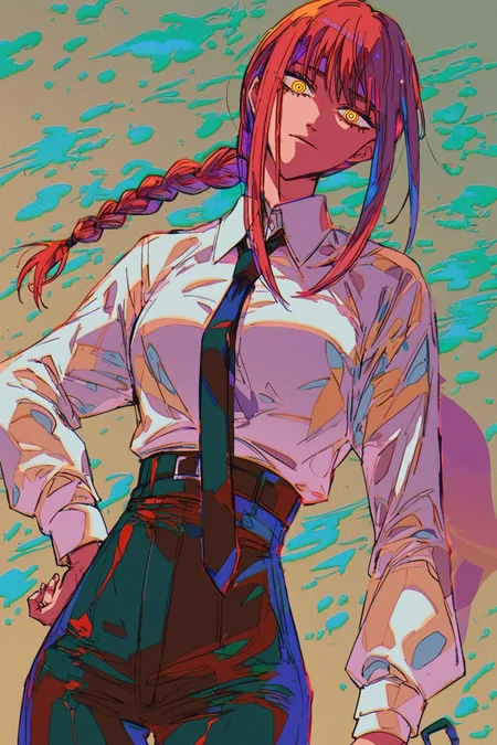 score_9, score_8_up, score_7_up, makima \(chainsaw man\), black necktie, black pants, braid, braided ponytail, collared shirt, high-waist pants, long hair, long sleeves, necktie, red hair, ringed eyes, shirt tucked in, tented shirt, yellow eyes, sidelocks, head tilt, solo, solo focus, portrait, simple background, Twirling around with arms extended., <lora:mizucx2:1>