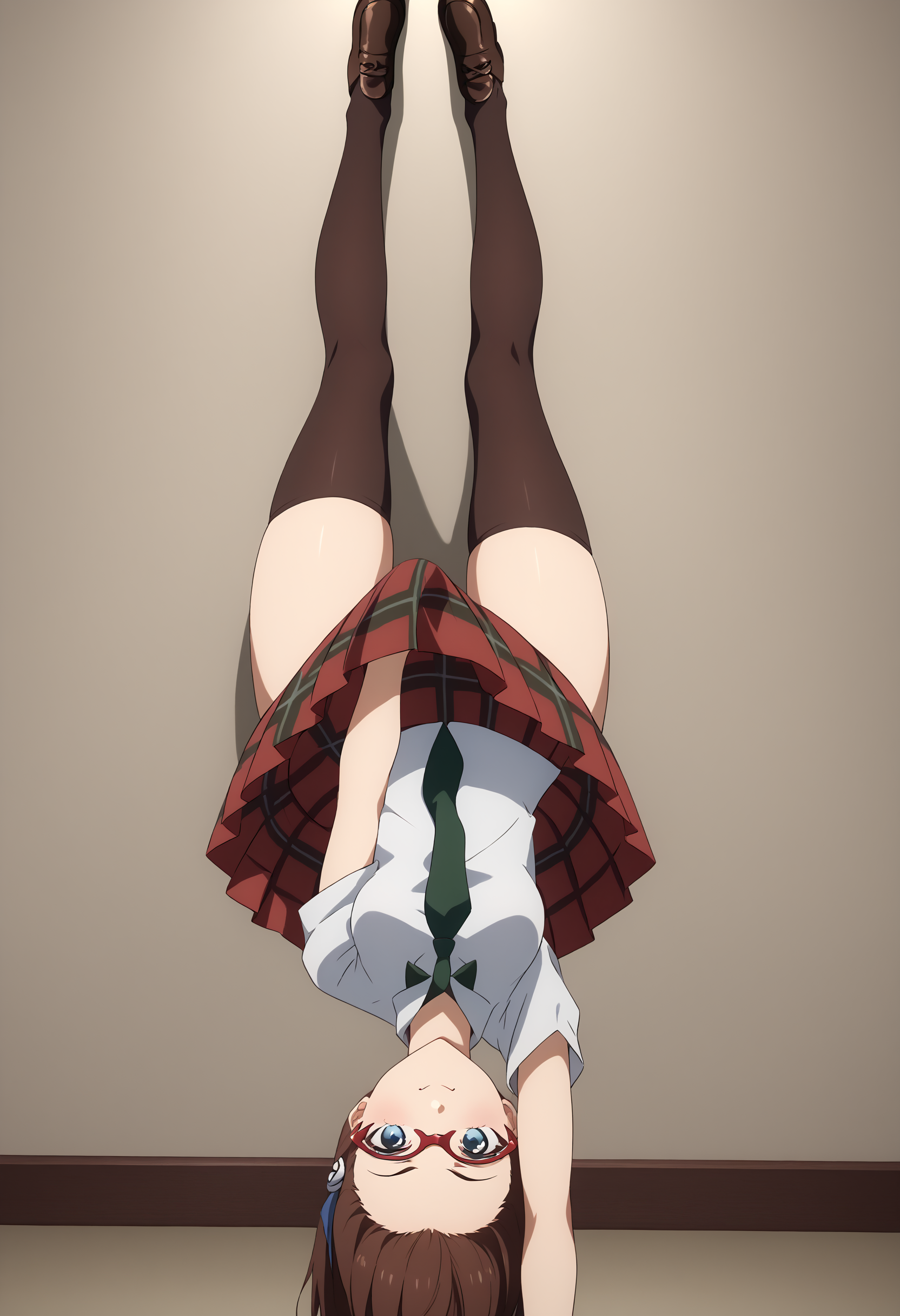 scrore_9, score_8_up, score_7_up, source_anime, LycorisChallenge, one arm handstand, upside-down, covering crotch, <lora:ChamLycorisChallengePonyXL:1>, solo,<lora:Degen_Mari_v14-000009:.85>  mari-school, red-framed eyewear, hairband, untucked shirt, upside-down green necktie, plaid skirt, thighhighs, <lora:StS_age_slider_v1_initial_release:0.25> brown hair, kneecaps, loafers, smug, slim legs, blue eyes,