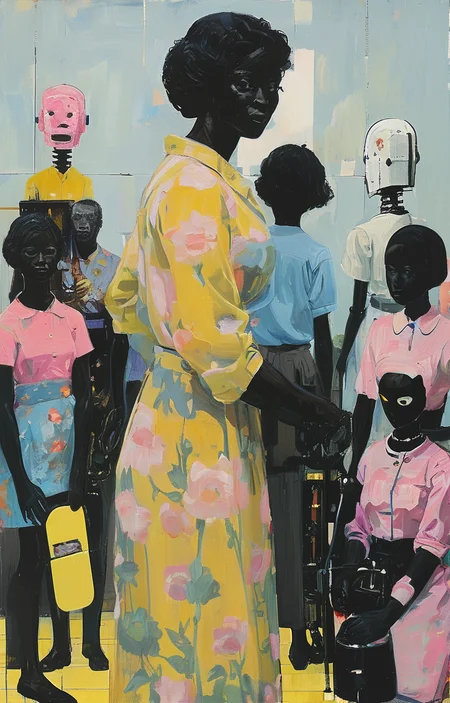 masterpiece,best quality,<lora:tbh268-sdxl:0.9>,illustration,style of Kerry James Marshall portrait of Housework robots