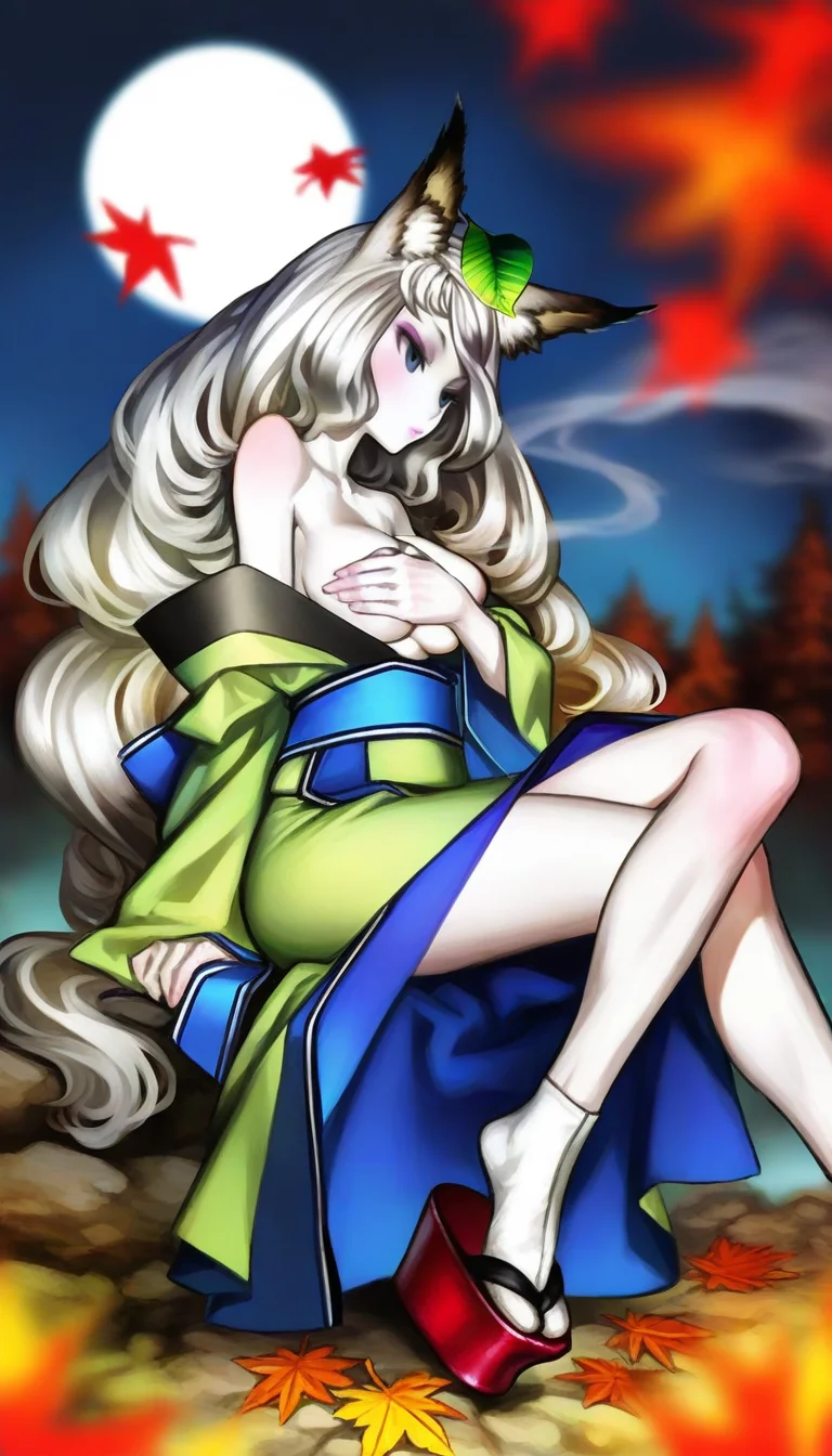 masterpiece,best quality,amazing quality,<lora:yuzuruhaIL:1>,
yuzuruha,
1girl,solo,pale skin,
white hair,long hair,wavy hair,bangs,fox ears,a green leaf on head,
blue eyes,green kimono,blue obi belt,
topless,covering breasts,
white tabi socks,red platform geta,
sitting,crossed legs,from side, 
blurry background,outdoors,night,forest,fog,maple leaf,