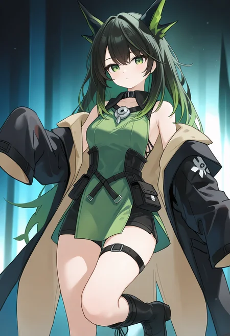 ,,<lora:Nonddu_Style_NBV1.safetensors:0.95:1>,<lora:人ç©è§è²\Mon3tr(ark)-Illus.safetensors:1:1>,Mon3tr,animal ears,long hair,black hair,multicolored hair,green hair,sidelocks,hair between eyes,bangs,green eyes,collar,bare shoulders,off shoulder,black collar,black coat,open coat,green dress,sleeveless dress,side slit dress,long sleeves,sleeves past fingers,medium breasts,black tunic,black shorts,thigh strap,knee boots,black footwear,,masterpiece,best quality,newest,absurdres,highres,very awa,detail background <lora:None:0.9500000000000002>