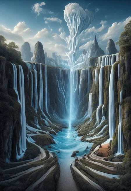 Create a hyper-realistic photographic image illustrating a surreal and imaginary scene that integrates elements of water. Picture a colossal waterfall cascading from the sky, merging with a tranquil ocean that has floating islands made of translucent crystals. The scene should blend the fluidity of water with otherworldly, dreamlike elements.