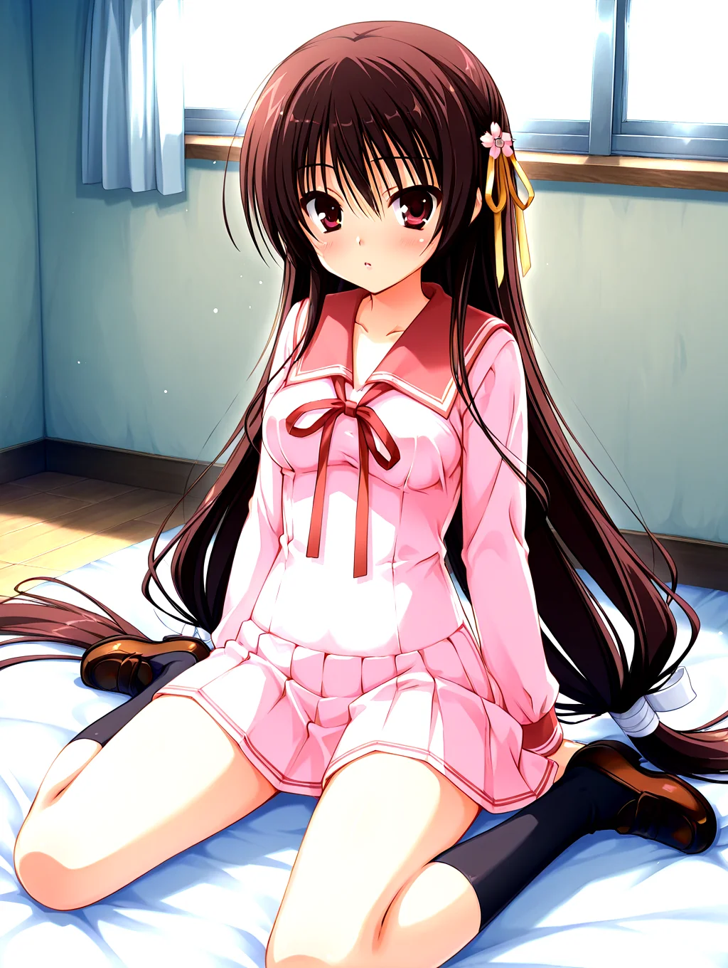 <lora:sakuyahime-tenshin-000009:1>,il-unohana-sakuya,1girl,schoolkamiseara,brown hair,red eyes,school uniform,pink serafuku,solo,red sailor collar,hair_tip tied cloths,red thin neck_ribbon,very long hair,sakura yellow hair_ribbon,black socks,pleated skirt,brown loafers,
nsfw,explicit,<lora:add-detail-xl:1>,<lora:ponyv4_noob1_2_adamW-000017:0.8>,wear clothes,