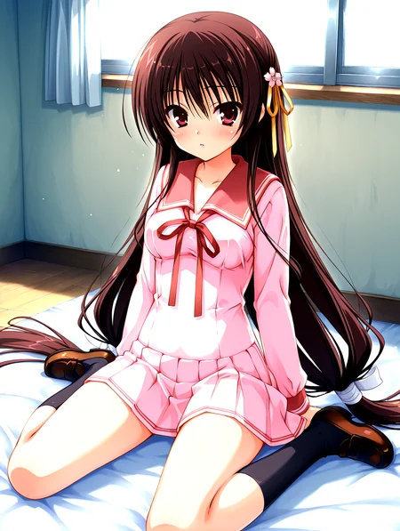 <lora:sakuyahime-tenshin-000009:1>,il-unohana-sakuya,1girl,schoolkamiseara,brown hair,red eyes,school uniform,pink serafuku,solo,red sailor collar,hair_tip tied cloths,red thin neck_ribbon,very long hair,sakura yellow hair_ribbon,black socks,pleated skirt,brown loafers,
nsfw,explicit,<lora:add-detail-xl:1>,<lora:ponyv4_noob1_2_adamW-000017:0.8>,wear clothes,