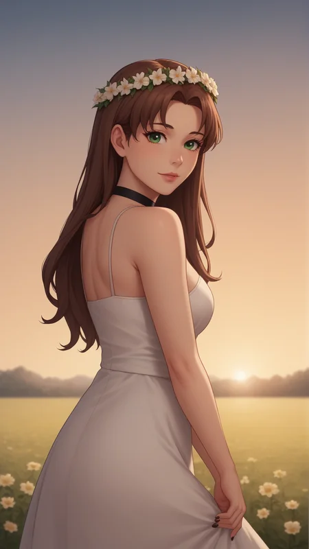 score_9, score_8_up, score_7_up, BREAK source_anime, best quality, masterpiece, ultra detailed,
<lora:Everlasting_Summer_Olga_by_GraffMetal V1:0.7>, olga, green eyes, brown hair, long hair, 1girl, solo, lips,
light smile, blush,
pink lips, black eyeliner cat eye, black nails, dress, black choker,
amazing background, looking at the camera, looking at the viewer, outside, sunset, flower wreath at head, portrait, bokeh,