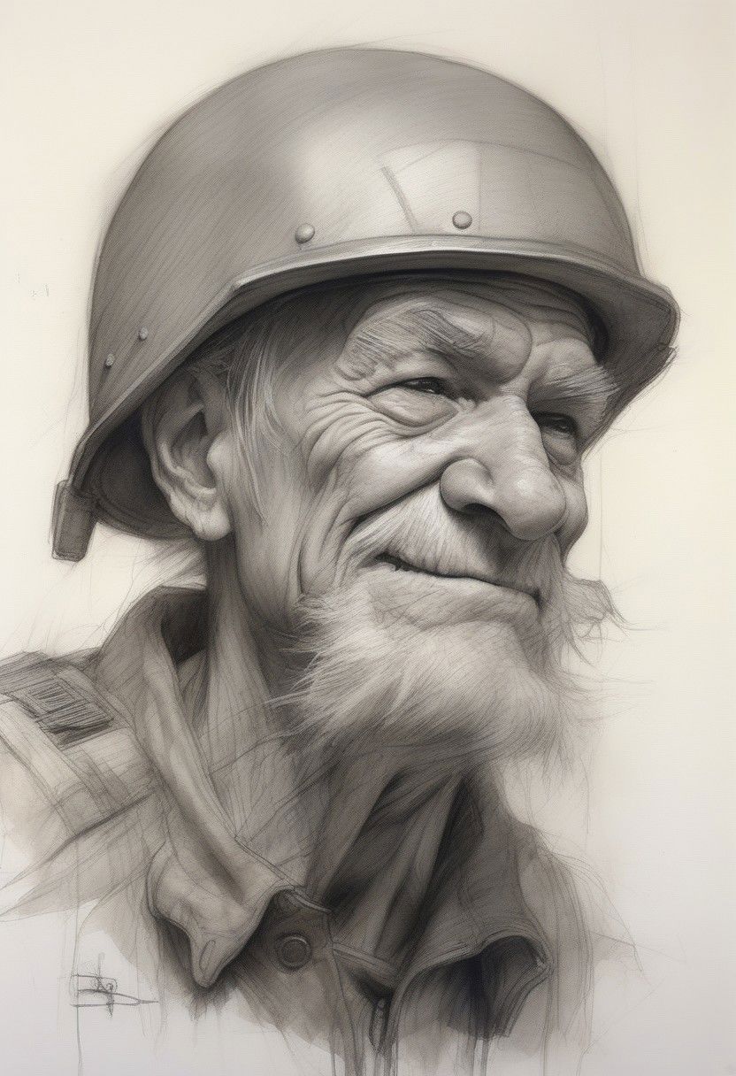 Humorous drawing, Recruit soldier, Decrepit old man with a big nose in a helmet, vintage pencil painting full of detail, watercolor, artstation, intricate details, high detail, inspiration, authors: Henry Asencio, Craig Davison, Jenny Saville, Bernie Wrightson