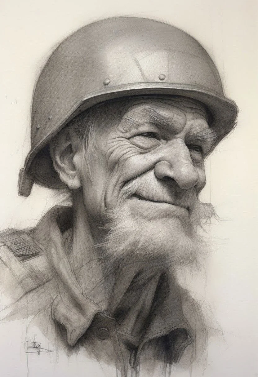 Humorous drawing, Recruit soldier, Decrepit old man with a big nose in a helmet, vintage pencil painting full of detail, watercolor, artstation, intricate details, high detail, inspiration, authors: Henry Asencio, Craig Davison, Jenny Saville, Bernie Wrightson