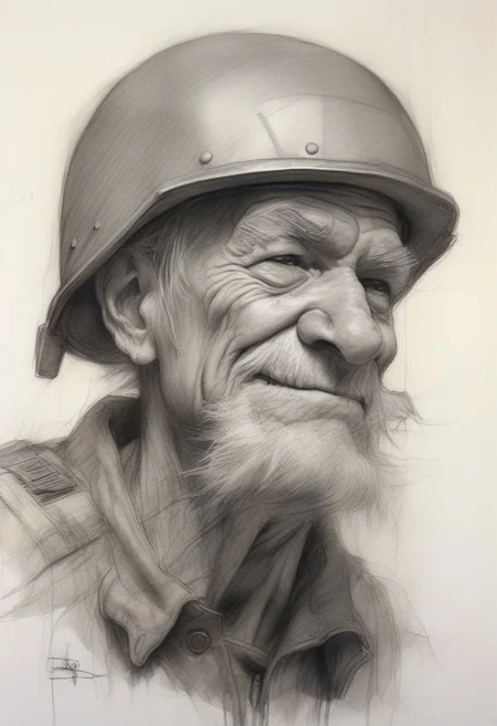 Humorous drawing, Recruit soldier, Decrepit old man with a big nose in a helmet, vintage pencil painting full of detail, watercolor, artstation, intricate details, high detail, inspiration, authors: Henry Asencio, Craig Davison, Jenny Saville, Bernie Wrightson