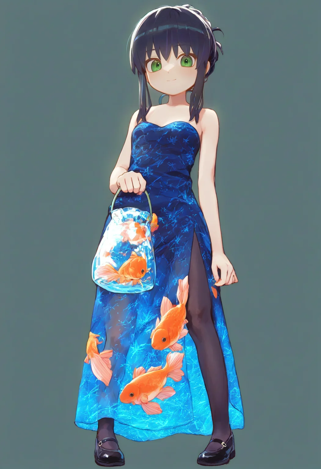 (score_9,score_8_up,score_7_up:0.5)<lora:cfg_scale_boost:0.4>    gyari_(imagesdawn), 1girl, black hair, green eyes, holding goldfish bag, blue dress, (goldfish dress), black footwear, pantyhose, light smile, green background, simple background