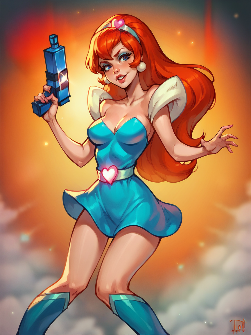 score_9, score_8_up, score_7_up, score_6_up, score_5_up,   <lora:kimberlySAXLP:1> kimberlysa, 1girl, solo, long hair, orange hair, blue eyes, makeup, energy gun, knee boots, dress