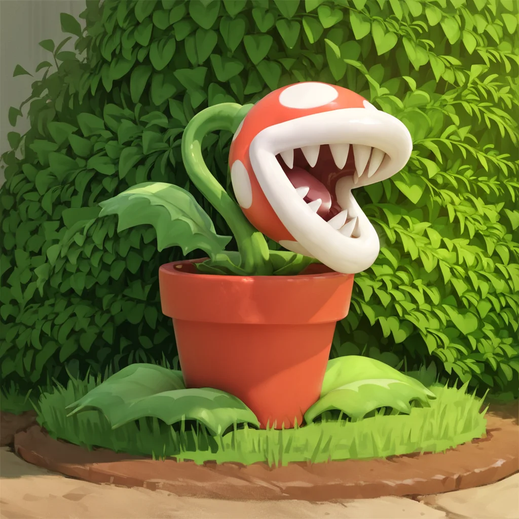 score_9, score_8_up, score_7_up, score_6_up, score_5_up, score_4_up, source_anime, piranha_plant, potted plant, grass, sunny
