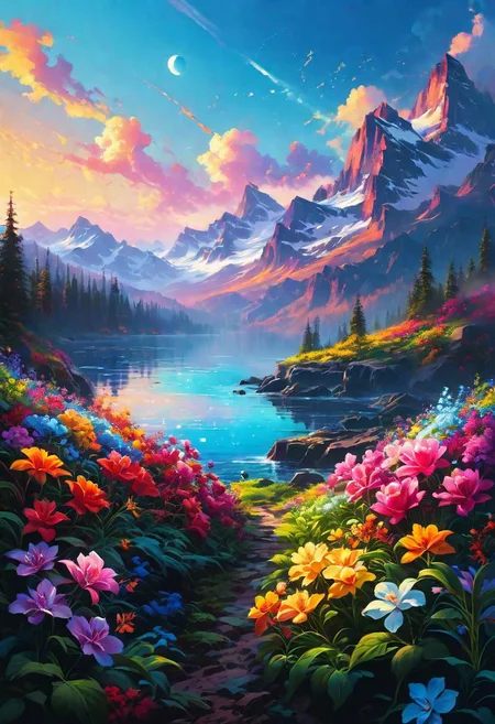 A parody of beautiful flowers, digital art, trending on Artstation by Alena Aenami and Peter Mohrbacher. Octane render 4k UHD image, highly detailed, good lighting, beautiful. epic. masterpiece. high quality resolution HD quality in gouache detailed painting by Greg Rutkowski, Thomas Kinkade. vivid color glow effect. Trending on p <lora:Details:0.85>