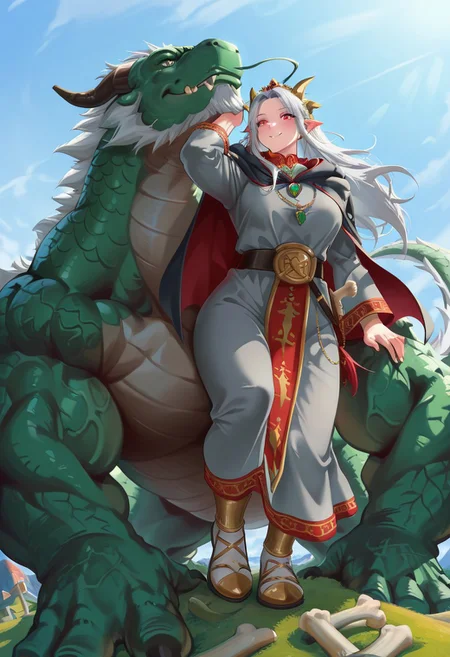 outdoor,core_9, score_8_up, score_7_up, anime_source,girl and dragon,(1 girl:1.5,white hair,long hair,gray luxurious robe,pendant with round jewelry,tiara) and,
(1 dragon,giant dragon,bone dragon),
A woman stands next to a bone dragon,The dragon is protecting her and she leans against its head,
<lora:tbh82-:1>,
masterpiece,best quality,super fine illustration,smile,(The background is a dense cemetery:1.1),Limited Color Pallet,boneswm,dragon riding,