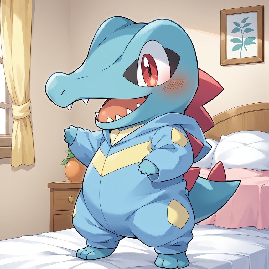 score_9, score_8_up, score_7_up, source_anime, source_furry,rating_explicit,bedroom,indoors,BREAK ,chibi,
solo,totodile, pokemon (creature),female,
clothes,jyojifuku, pajamas, hood,baggy pajama pants,