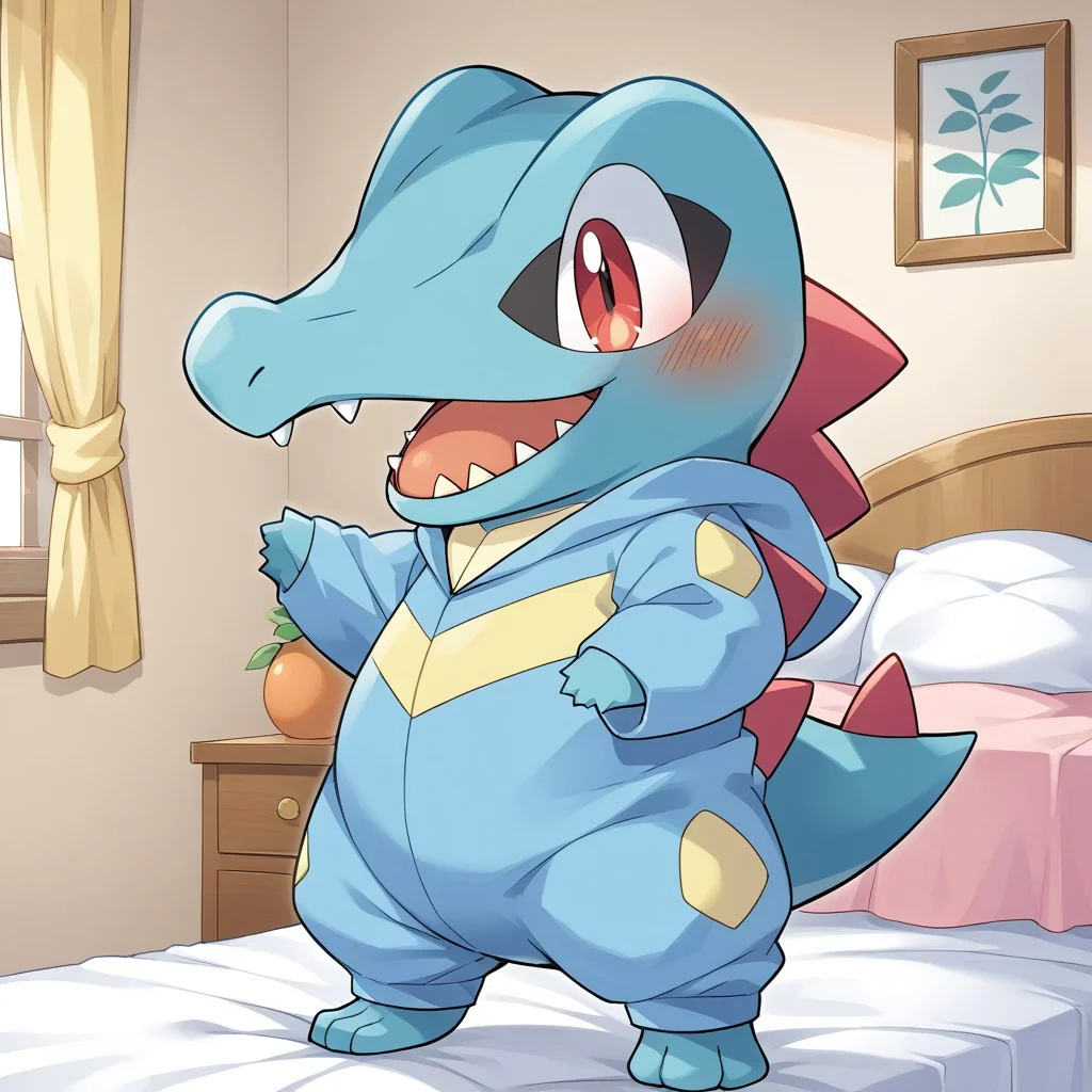 score_9, score_8_up, score_7_up, source_anime, source_furry,rating_explicit,bedroom,indoors,BREAK ,chibi,
solo,totodile, pokemon (creature),female,
clothes,jyojifuku, pajamas, hood,baggy pajama pants,
