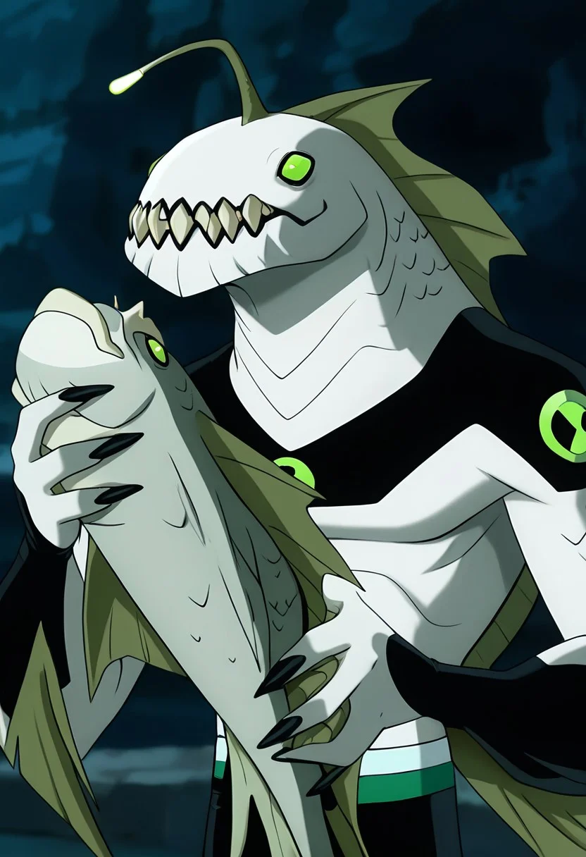 masterpiece, best quality, amazing quality, very aesthetic, absurdres, newest,,
ripjawsov, no humans, sharp teeth, teeth, colored skin, monster, pale skin, angler fish lure, green eyes, small eyes, , monster boy, claws, digimon (creature), fins, , square jaw
fish eye, 2000s, holding fish, grabbing fish, upper body,