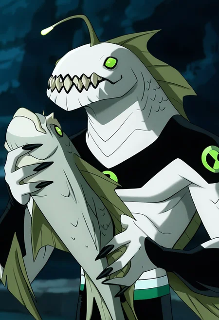 masterpiece, best quality, amazing quality, very aesthetic, absurdres, newest,,
ripjawsov, no humans, sharp teeth, teeth, colored skin, monster, pale skin, angler fish lure, green eyes, small eyes, , monster boy, claws, digimon (creature), fins, , square jaw
fish eye, 2000s, holding fish, grabbing fish, upper body,