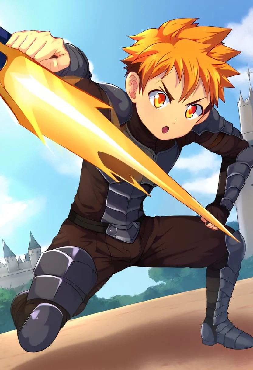 hiro akiba, orange eyes, orange hair ,short hair, small body, young, hiro akiba equip heavy knight armor, black armor, holding a great sword in the right hand, fight pose, castle in the background, solo, full body, blue sky in the background,