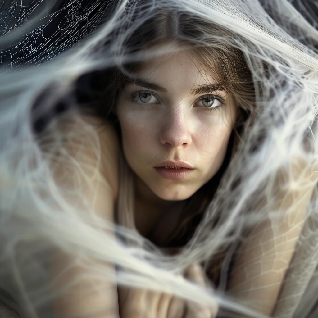 spiderweb a young woman wrapped in a cocoon, hanging in a spider's web, cinematic, photorealistic very detailed, professional photo <lora:spiderweb:1>