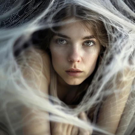 spiderweb a young woman wrapped in a cocoon, hanging in a spider's web, cinematic, photorealistic very detailed, professional photo <lora:spiderweb:1>