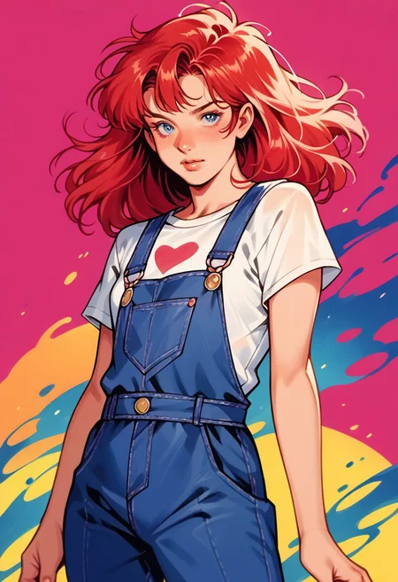 score_9, score_8_up, score_7_up, score_6_up, score_5_up, score_4_up, source_manga, 1girl, human, red hair, blue eyes,
shirt, overalls,
hud_jem_boxart, colorful retro artstyle, colorful background, neon,
Chucky,
