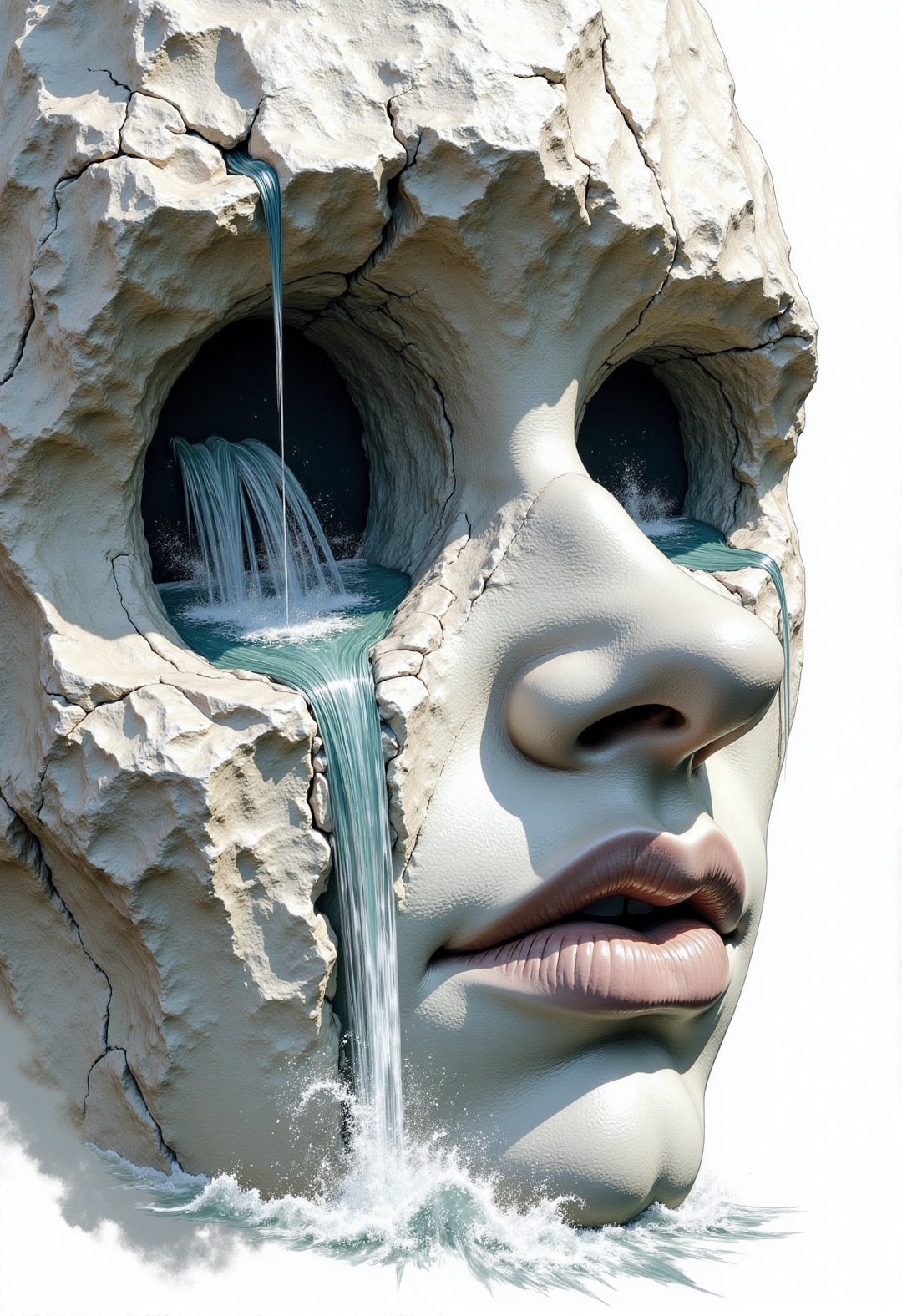 architectural style Stone Face in the rock, waterfalls pouring out of the eye sockets. The texture of the stone on your face. there's a lake down there.
 <lora:Elden_Ring_-_Yoshitaka_Amano:1> <lora:Midjourney_-_SemiReal_Dreams_FLUX_LoRA:1> . clean lines, geometric shapes, minimalist, modern, architectural drawing, highly detailed