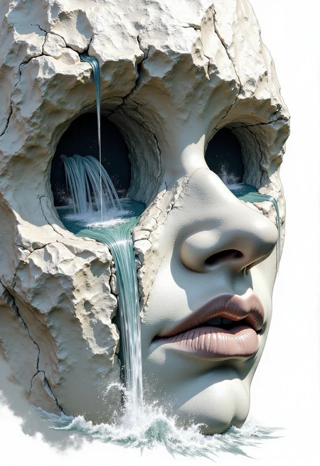 architectural style Stone Face in the rock, waterfalls pouring out of the eye sockets. The texture of the stone on your face. there's a lake down there.
 <lora:Elden_Ring_-_Yoshitaka_Amano:1> <lora:Midjourney_-_SemiReal_Dreams_FLUX_LoRA:1> . clean lines, geometric shapes, minimalist, modern, architectural drawing, highly detailed
