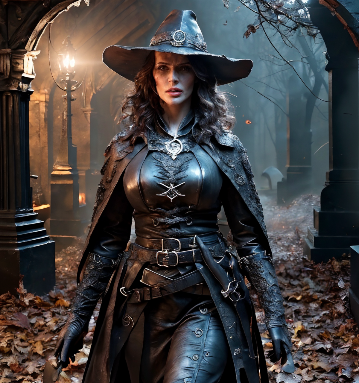 RAW photo, (masterpiece:1.3), subsurface scattering, heavy shadow, (high quality:1.4), (intricate, high detail:1.2), professional photography, HDR, High Dynamic Range, realistic, ultra realistic, photorealistic, high resolution, film photography, ambient lighting, atmospheric effects, <lora:detail_slider_v4:2>, OverallDetail,  Joslyn, <lora:Joslyn:1>, as a female witchhunter, black leather coat, belt, cape, hat, gloves, <lora:WitchHunter-10:0.7>, in a sinister graveyard,  <lora:Darkness:0.2>, Darkness, epiCPhoto
