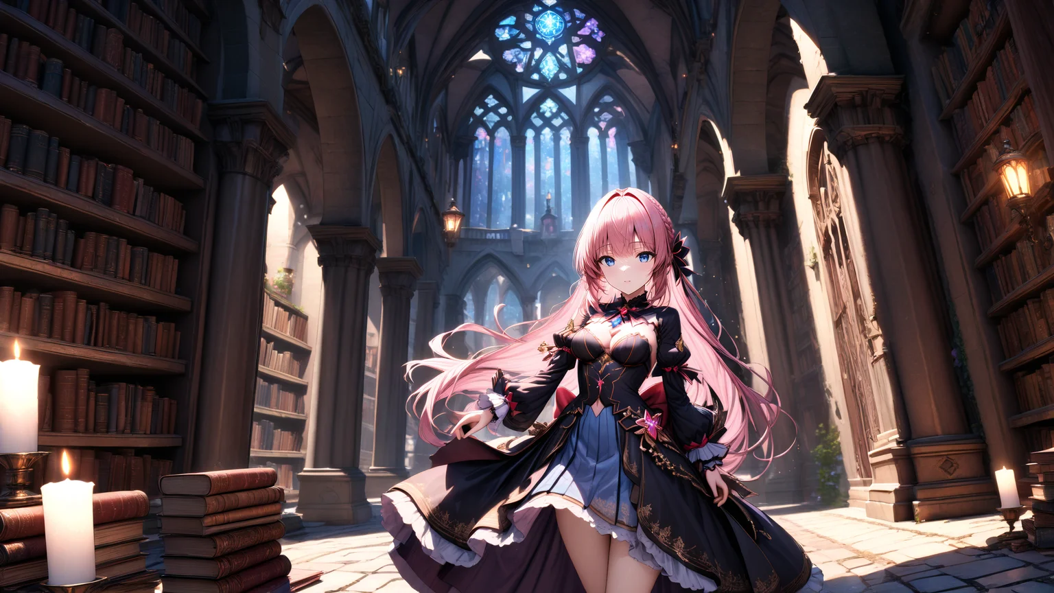 dynamic angle,<lora:hakaseayaka-base-02-XL:0.6>,hakaseayaka,braided hair,bangs,high detailed,ultra-detailed,a magical girl wearing a red and black robe,with pink long hair and blue eyes,((reaching)),searching for books inside a vast,dark,ancient castle library,8k,towering bookshelves filled with old,dusty tomes,dim candlelight casting flickering shadows,glowing magical runes floating in the air,mysterious mist creeping along the stone floor,gothic arches,enchanted atmosphere,focused expression,scattered ancient scrolls,faint glimmers of light reflecting off metallic book spinesCinematic Lighting,((masterpiece)),((best quality)),absurdres,<lora:detailed_notrigger:1>,<lora:xl_more_art-full_v1:0.8>,