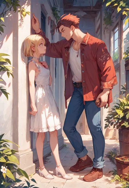 score_9, score_8_up, score_7_up, 1boy, 2girls, kabedon from side, full body
<lora:kabedon_pony_2:1>
