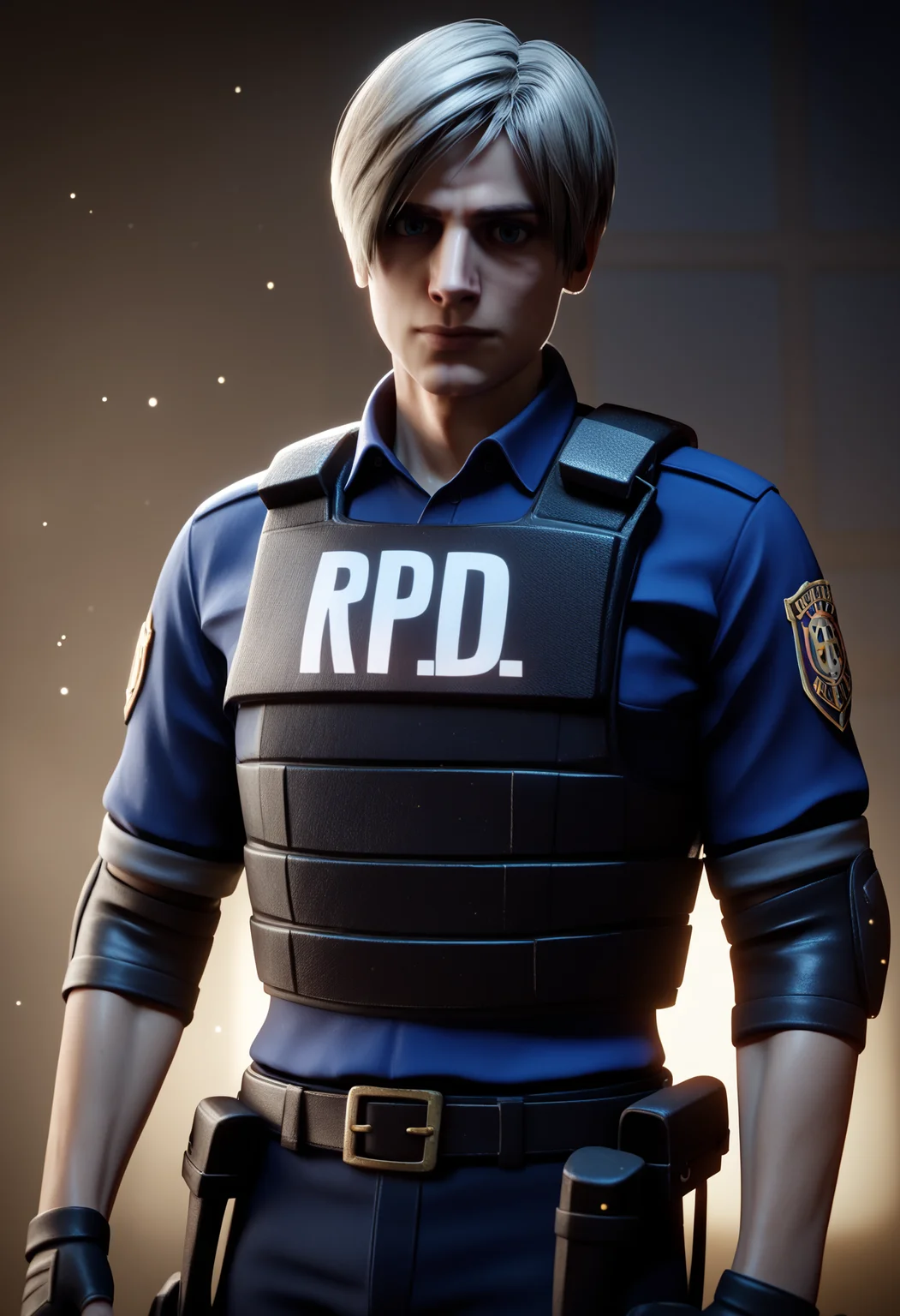 score_9,score_8_up,score_7_up,uncensored BREAK realistic,render,blender \(medium\),
1boy, leonkennedy, grey hair, short hair, belt, police uniform, bulletproof vest, fingerless gloves, blue shirt, elbow pads, long sleeves,
solo, looking at viewer, upper body, fog, dark background, particles, bokeh, indoors, haunted house background, dark, contrast
<lora:LeonKennedyXL:1>