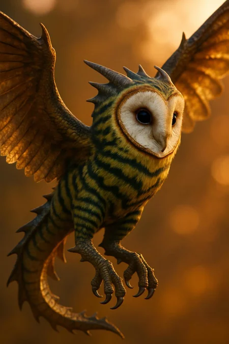 A close-up shot of a mesmerizing hybrid between a barn owl and a dragon in mid-flight, its body covered in soft down interwoven with striking black and green stripes reminiscent of a owl. Its wings have a strong, large bird-like texture with a subtle golden shimmer reflecting the sunset light. Large, intelligent eyes exude mystery. Its legs, a fusion of owl talons and west dragon-like structures. A shallow depth of field enhances the subject, with a soft bokeh and warm background tones. Dramatic lighting highlights the intricate feather and wing details, creating a fantasy-inspired yet naturalistic scene
