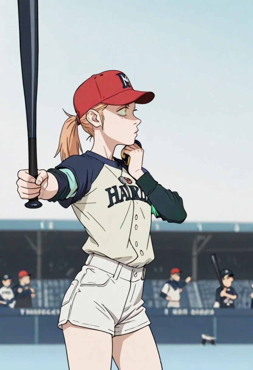 (1girl:1.2), (general:1.3), (masterpiece:1.2), newest, <lora:IchiroBattingStance_ill_v01:1>, haruko, ponytail, baseball cap, raglan sleeves, short over long sleeves, white shorts (holding, holding baseball bat, baseball bat:1.2), outstretched arm, (hand on own shoulder:0.7),