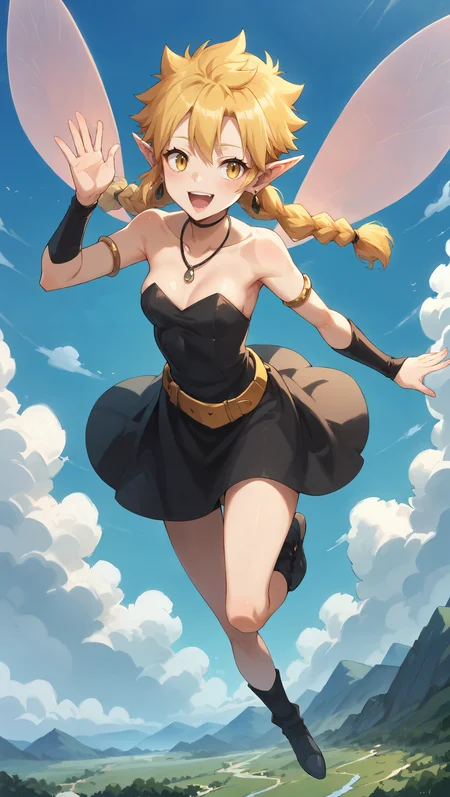 score_9,score_8_up,score_7_up,score_6_up, source_anime, zPDXL, girl, fairy, blonde hair, twin braids, yellow eyes, black dress, pink wings, gold belt, black armguards, armlets, black earrings, strapless, necklace, <lora:Wakfu_CartoonV02:0.5>, <lora:xl_more_art-full_v1:0.5>, <lora:Ramiris - Pony-000004:0.8>, waving, flying, above clouds, in sky, blue sky, clouds, between clouds, happy, landscape far away,