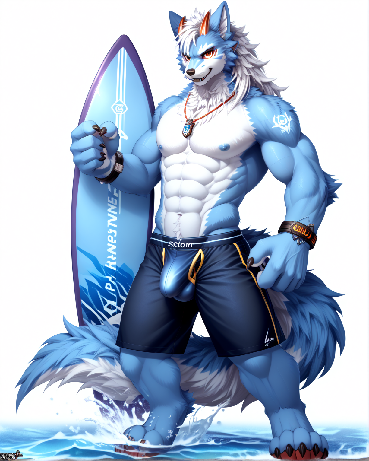 A muscular anthropomorphic dragon character with blue fur and a white underbelly stands in shallow water, holding a light blue surfboard. The character has striking orange markings on its ears and a playful grin, adorned with a necklace. It wears dark swim trunks and is equipped with wrist accessories. Water splashes around its feet, adding to the beach vibe of the scene