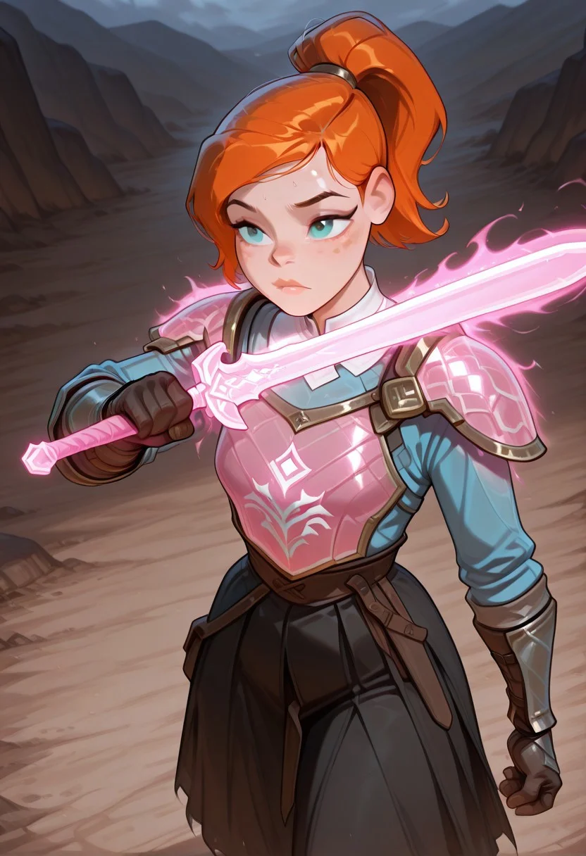 ((screencap, cartoon)) , masterpiece, best quality, amazing quality, very aesthetic, absurdres, newest,
ovgwen, orange hair, 1girl, freckles,, lips
ponytail, blue shirt, white collar, black skirt, long sleeves,
pink armor, transparent armor, mage armor, magic armor, chest plate, gauntlets, protective medieval armor, fighting pose, magic sword, glowing pink sword, transparent sword, fire pink sword,