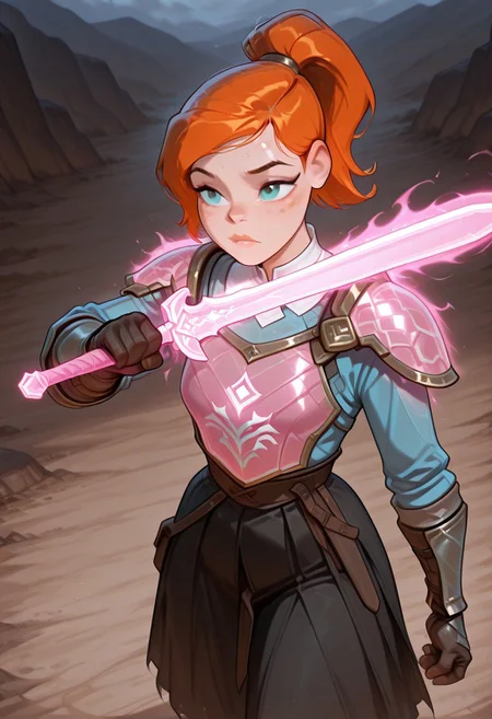 ((screencap, cartoon)) , masterpiece, best quality, amazing quality, very aesthetic, absurdres, newest,
ovgwen, orange hair, 1girl, freckles,, lips
ponytail, blue shirt, white collar, black skirt, long sleeves,
pink armor, transparent armor, mage armor, magic armor, chest plate, gauntlets, protective medieval armor, fighting pose, magic sword, glowing pink sword, transparent sword, fire pink sword,