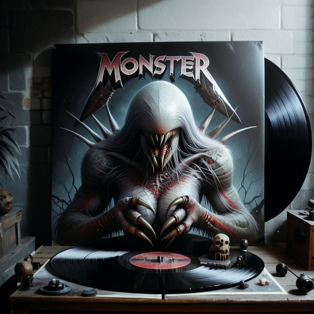score_9_up,score_8_up,score_7_up,
4lbum4rt, record jacket,  eyeless, colored skin, gray skin, claws, breasts, monster, monster girl, teeth, sharp teeth, black teeth, extra arms, horror themed