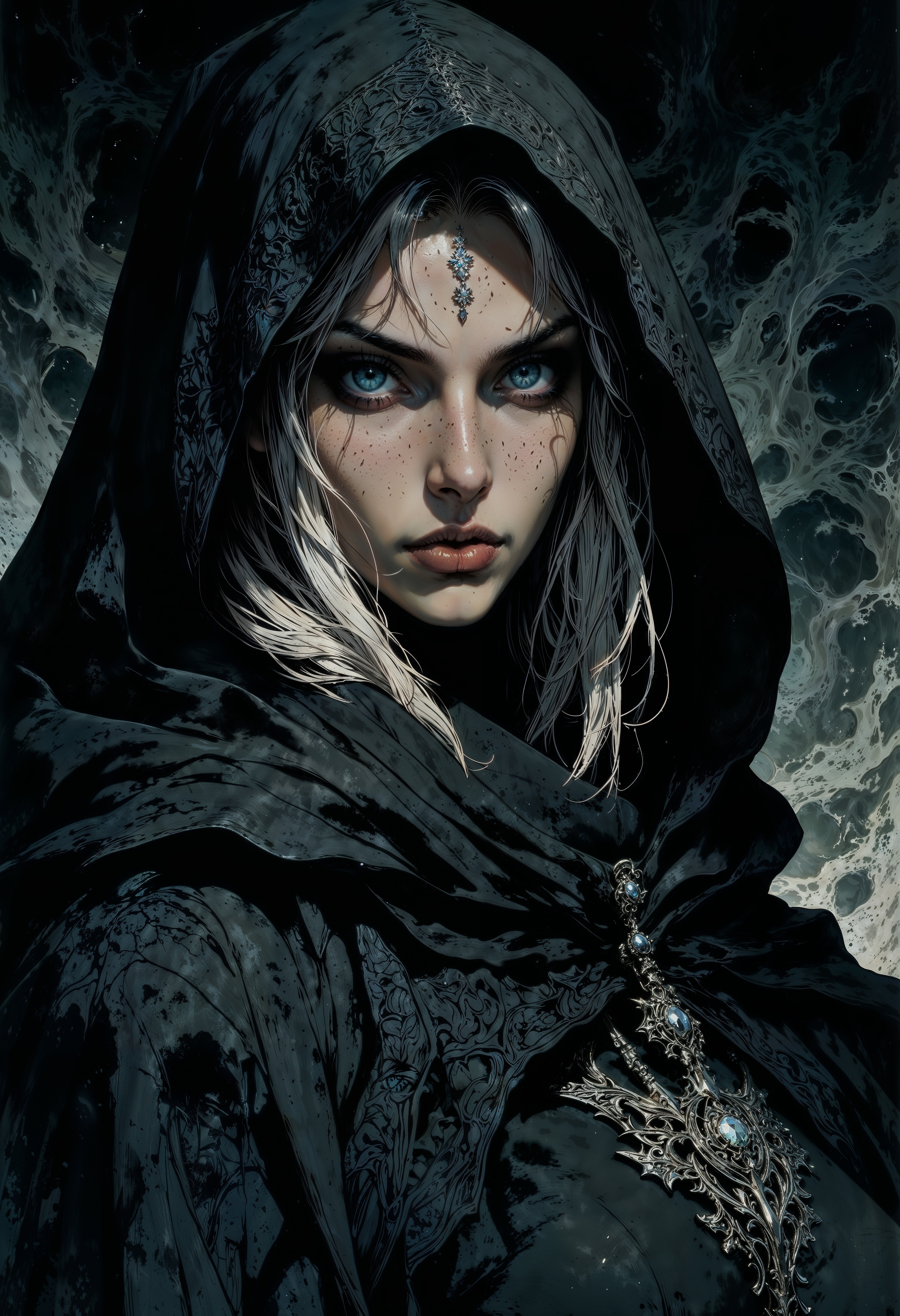 a mysterious, ethereal character. The subject is a woman with strikingly pale skin and intense, piercing blue eyes. Her facial features are sharp and defined, with a focused and enigmatic expression. She has long, flowing white hair that contrasts with her dark attire. She wears a black hooded cloak adorned with intricate lace patterns and a prominent, ornate silver brooch. The background is a swirling, smoky texture in shades of black and gray, adding to the mystical and otherworldly atmosphere of the piece. The overall composition is centered, with the subject occupying the majority of the frame, creating a dramatic and captivating visual impact. <lora:FluxMythR3tr0Style:0.8> <lora:Elden_Ring_-_Yoshitaka_Amano:0.75> <lora:FluxMythG0thicL1nes:0.4> <lora:ck-painterly-fantasy:0.2> <lora:flux.1_lora_ink-dynamic:0.2>  <lora:Mezzotint_Artstyle_for_Flux_-_by_Ethanar:0.2>