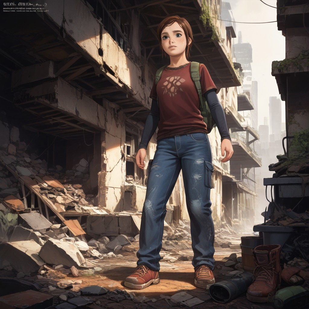 score_8, score_8_up, score_7_up, score_6_up,  official art, Hideki Ishikawa BREAK, Ellie-Williams, TLOU,  1girl, solo, shirt, Auburn Hair, long sleeves, shoes, pants, bag, backpack, denim, jeans, layered sleeves, apocalypse, science fiction, destroyed city, rubble, ruins, overgrowth