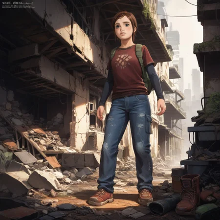 score_8, score_8_up, score_7_up, score_6_up, official art, Hideki Ishikawa BREAK, Ellie-Williams, TLOU, 1girl, solo, shirt, Auburn Hair, long sleeves, shoes, pants, bag, backpack, denim, jeans, layered sleeves, apocalypse, science fiction, destroyed city, rubble, ruins, overgrowth