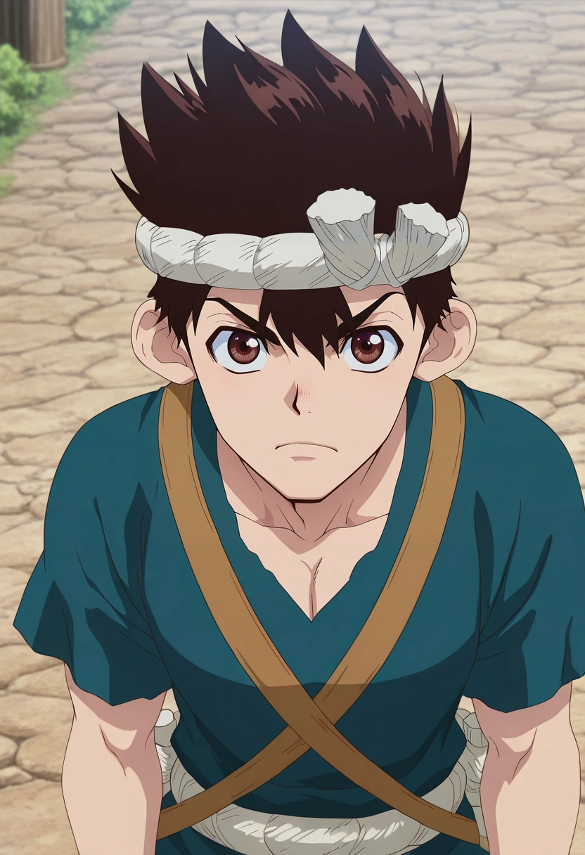 masterpiece, best quality, intricate details, anime screencap, anime coloring, official style, looking at viewer, 1boy, solo, male focus, <lora:chrome_dr_stone_ilxl:0.96>, chrome_dr_stone, brown hair, brown eyes, short hair, spiked hair, headband, hachimaki, ,