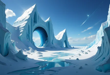 <lora:Flux-XL_Scenery:1>,flux-scenery  artic iceshelf landscape, glittering, fantastical, whimsical