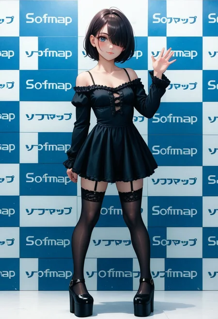 safe_pos, (score_9, score_8_up, score_7_up, highest score, best quality:1.2), zPDXL3, NEGATIVE_HANDS, detail1eye, hi-res. 8k, source_anime, BREAK 1girl, black hair, short hair, hair over one eye, blue eyes, small breasts, soft happy, blush, waving at viewer, posing BREAKreij-lady, black dress, lsvr sleeves, stockings, black platform shoes BREAK reinokabe, checkered wall, english text, checkered background (indoors:1.3), sharp colors, perfect hands, perfect eyes, (detailed realistic background:1.3), (high quality:1.1), (ultra detailed:1.4), <lora:pony_good_hands:0.7>, <lora:add-detail-xl:1>, <lora:xl_more_art-full_v1:0.5>