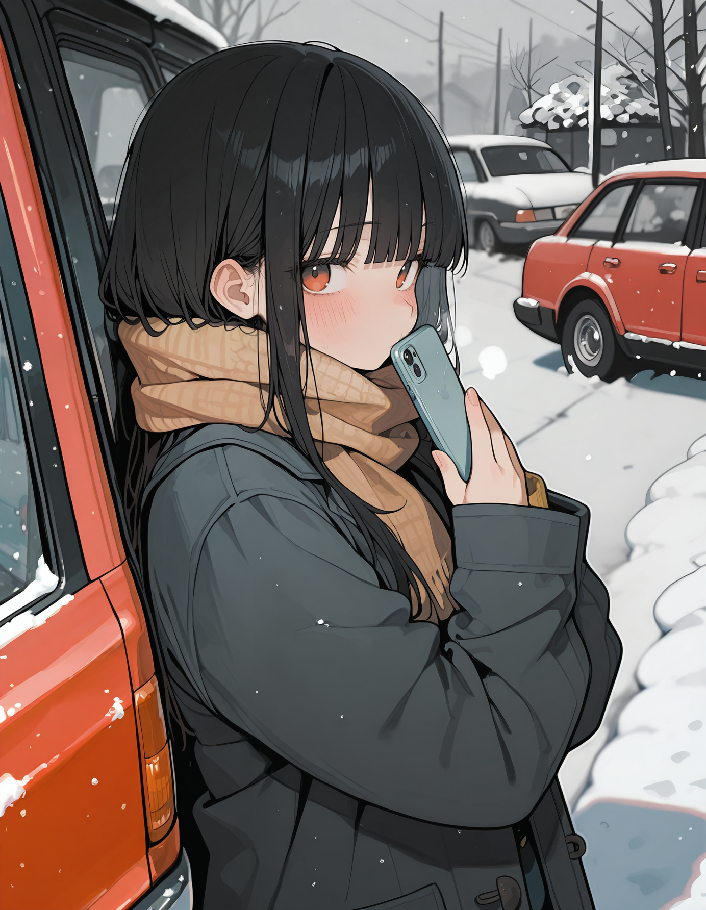 masterpiece, best quality,high quality, newest, highres,absurdres, <lora:aosiai123_style:1>,traditional media,  aosiai123_illu, 1girl, scarf, ground vehicle, blush, red car, motor vehicle, phone, looking at viewer, solo, cellphone, snow, bangs, long hair, holding, snowing, holding phone, smartphone, blunt bangs, outdoors, coat