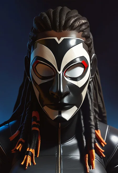 score_9, score_8_up, score_7_up, score_6_up, score_5_up, 1girl, African, Africanmask,
modern  mask, 
BlackPanther, Shuri, Marvel, white eyes, no pupils, black bodysuit, bodysuit, black gloves, black boots, mask, black mask, covered face, no mouth, large breasts, perky breasts, 
BP_shuri, upper body, face focus, close up, dreadlocks, bun,