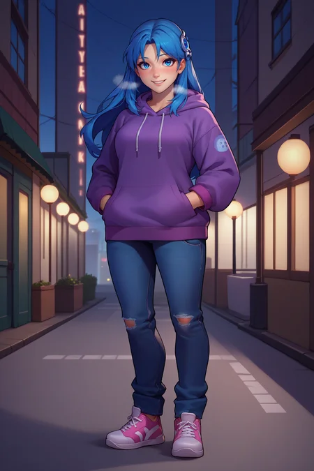 score_9, score_8_up, score_7_up, score_6_up, source_anime, 1girl, solo, <lora:ystia-pdxl-nvwls-v1-000005:1> ystia, blue hair, long hair, blue eyes, hair ornament, purple hoodie, jeans, looking at you, breasts, hands in pockets, winter, sneakers, full body, standing, city, looking at you, smile, blush, heavy breathing