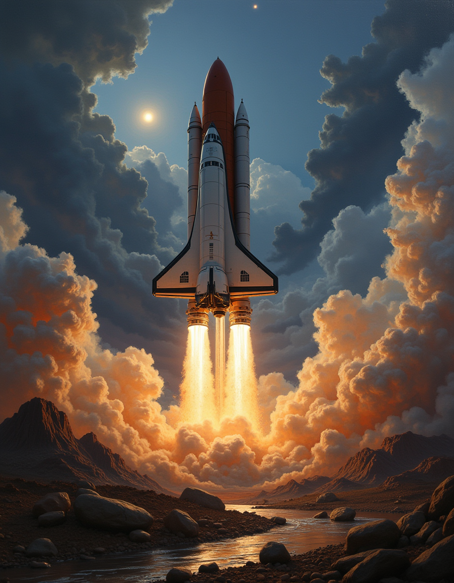 An atmospheric painting of a a spaceship taking off