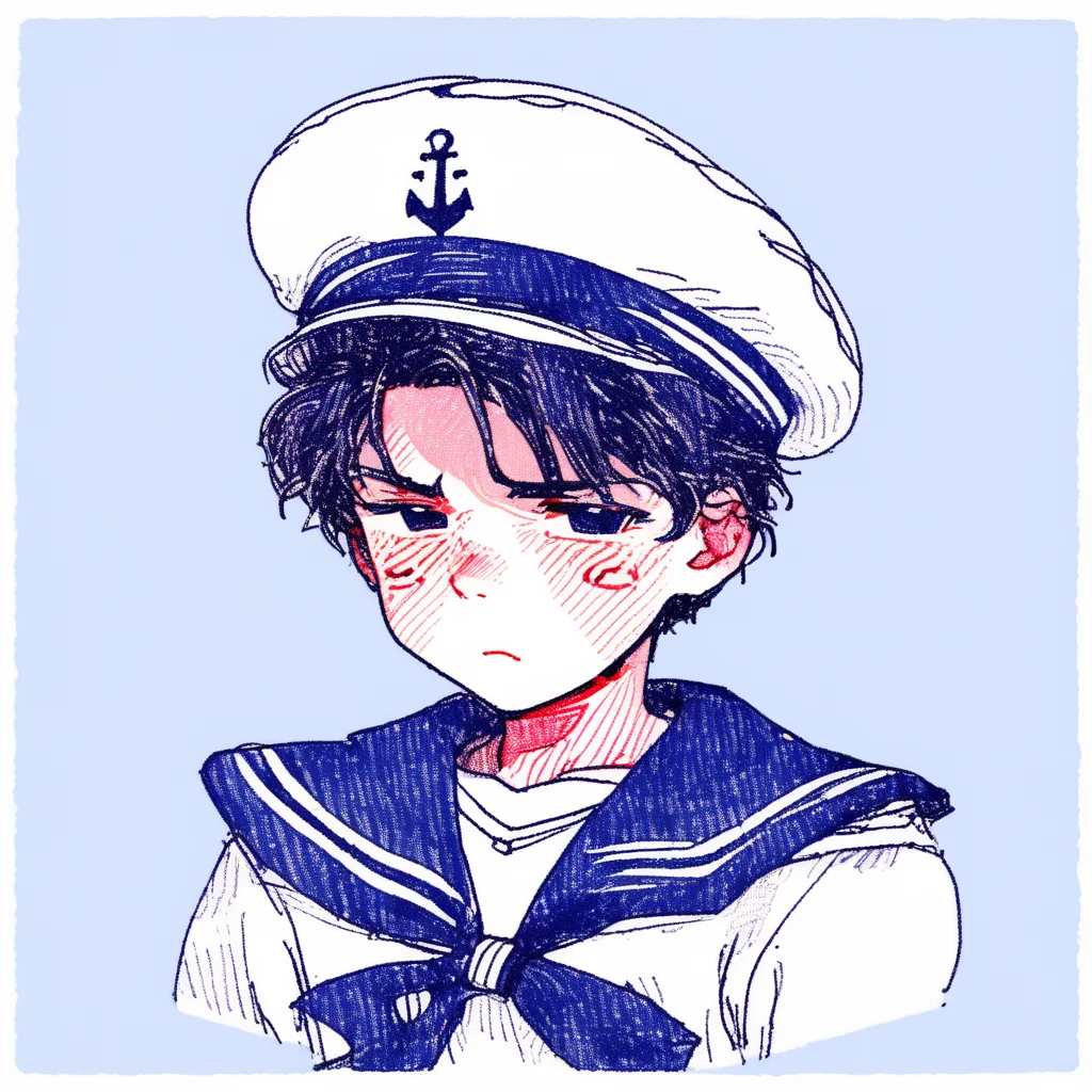 a boy in a sailor suit frowning
