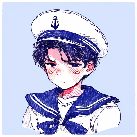 a boy in a sailor suit frowning